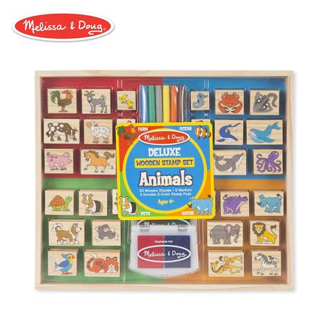 Melissa And Doug Deluxe Wooden Stamp Set Animals 30 Stamps 6 Markers