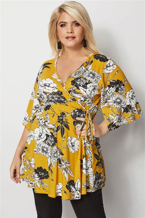 Mustard Floral Print Wrap Top Plus Size 16 To 36 Plus Size Casual