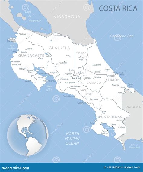 Blue Gray Detailed Map Of Costa Rica Administrative Divisions And