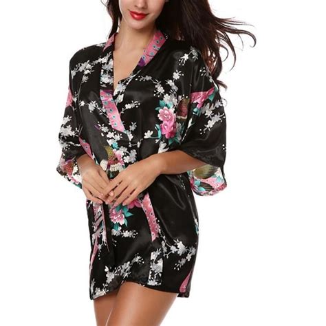 Honofash－kimono Japonais Court Sexy Robe De Chambre 1 2 Manches－femme Noir Noir Achat Vente