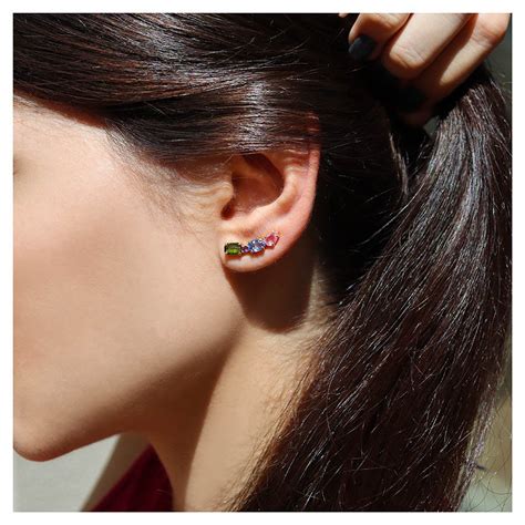 Brinco Ear Cuff Ouro 18k Colorido Com Safiras Turmalina E Ametista