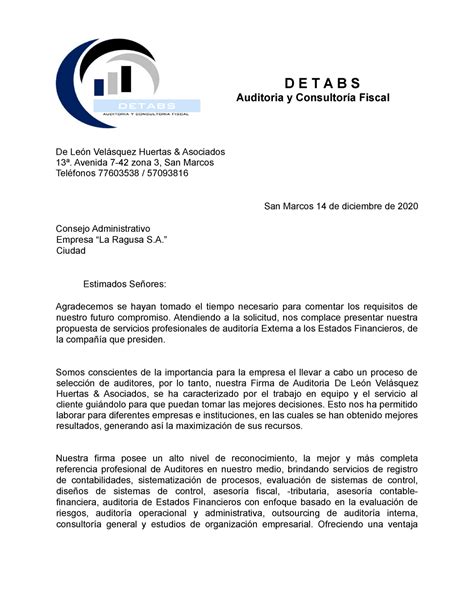 Ejemplo De Carta De Servicios Profesionales Auditoria