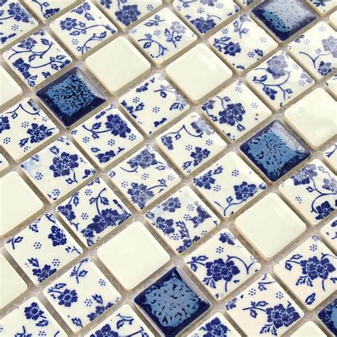 Roses Mosaic Tiles Bathroom Art Wall Flower Tile Blue And White Floral