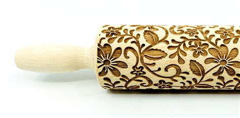 No R237 Floral Pattern 3 Rolling Pin Embossed Rolling Pin Wooden