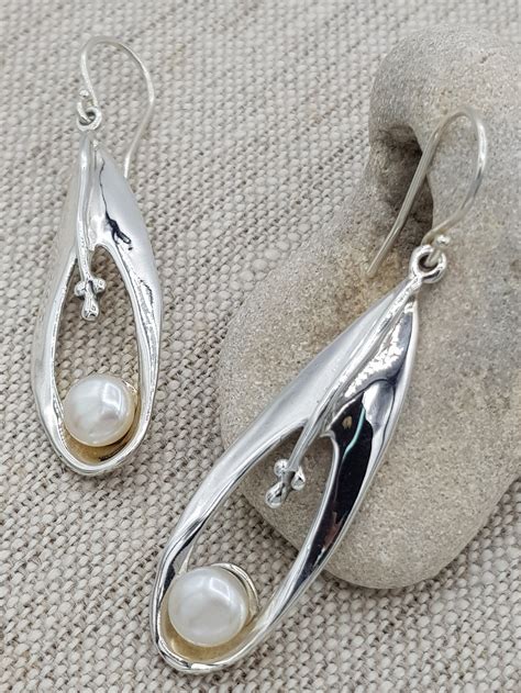 925 Silver Pearl Dangle Earrings For Women Hagit Gorali Etsy
