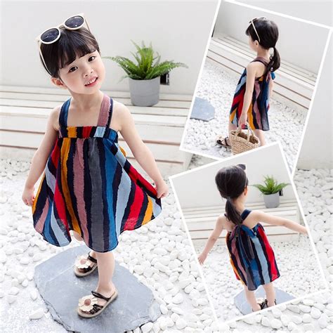 Summer Casual Fashion Baby Girl Sleeveless Sling Striped Rainbow