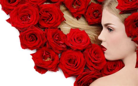 2560x1600 Women Model Blonde Face Red Lipstick Blue Eyes Flowers Rose