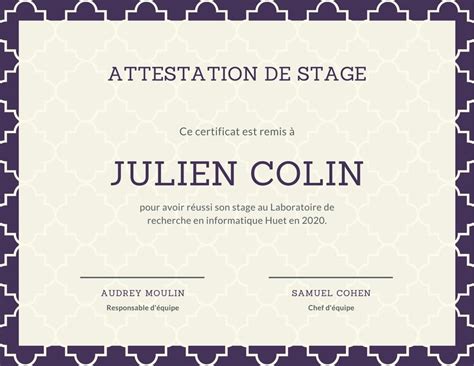 Attestation de stage modèles gratuits à personnaliser Canva