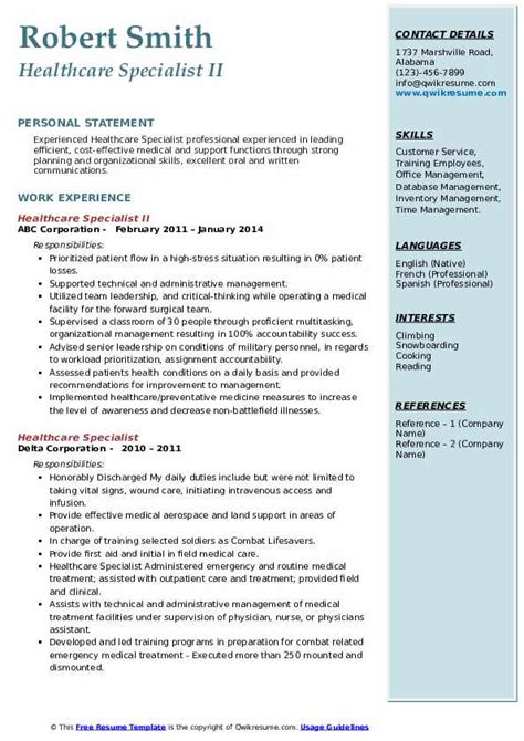 healthcare specialist resume samples qwikresume