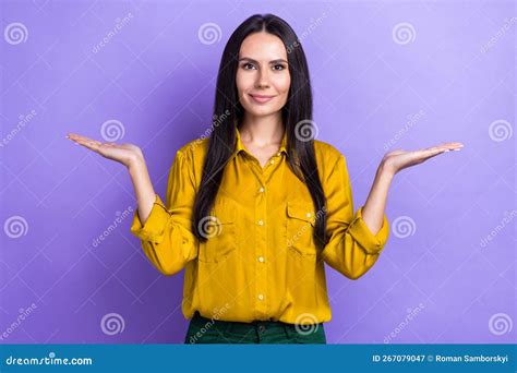 Portrait Of Charming Lovely Person Arms Palms Hold Weighing Empty Space