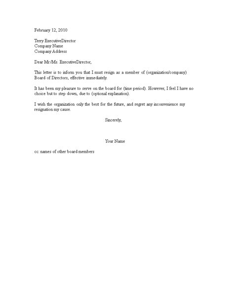 Board Of Director Resignation Letter Templates At Allbusinesstemplates Com