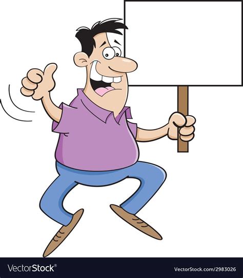 Cartoon Illustration Of A Man Jumping And Holding A Sign Download A