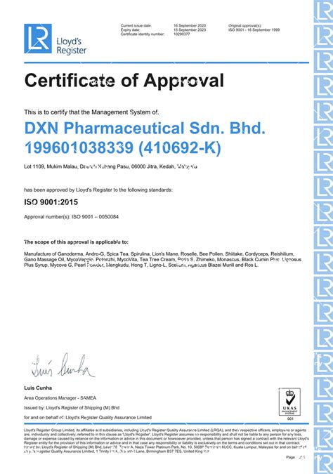 Batu maung, penang contact : Certificados de los productos DXN