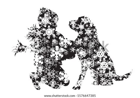 Vector Silhouette Snowy Girl Her Dog Stock Vector Royalty Free