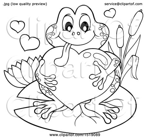 Clipart Of A Black And White Valentine Frog Hugging A Heart On A Lily