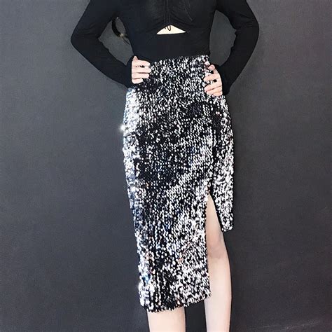 2018 Spring New Heavy Sequins High Waist Skirt Slim Female Fashion Black Sexywaist Skirthigh