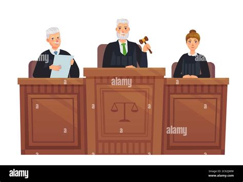 Corte Suprema Tribune Jueces En Sesión Juez Sosteniendo Martillo Y Justicia Dibujo Vectorial