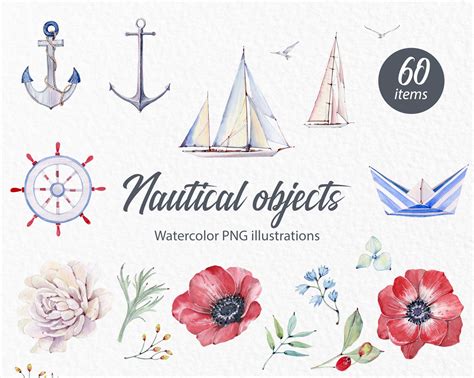 Watercolor Nautical Objects Clipart Sea Underwater Sea Etsy