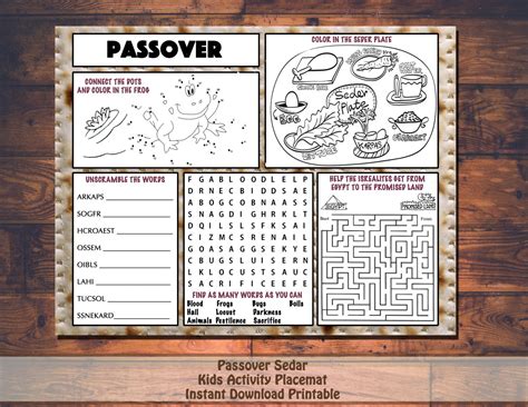 Kids Passover Pesach Activity Printable Placemat Instant