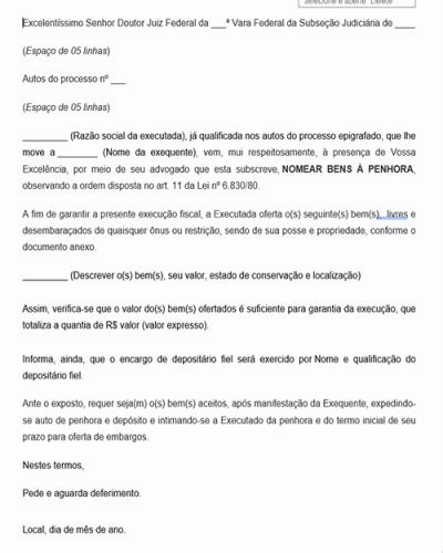 Referência Para Uma Petição Nomeação De Bens à Penhora Execução Fiscal