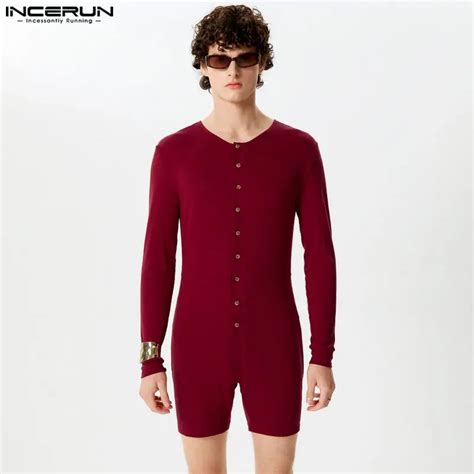 Incerun Sexy Men Rompers Open Front Solid Knitted Long Sleeved