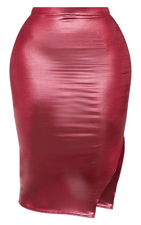 Shape Burgundy Metallic Slinky Slit Front Skirt Prettylittlething Ca