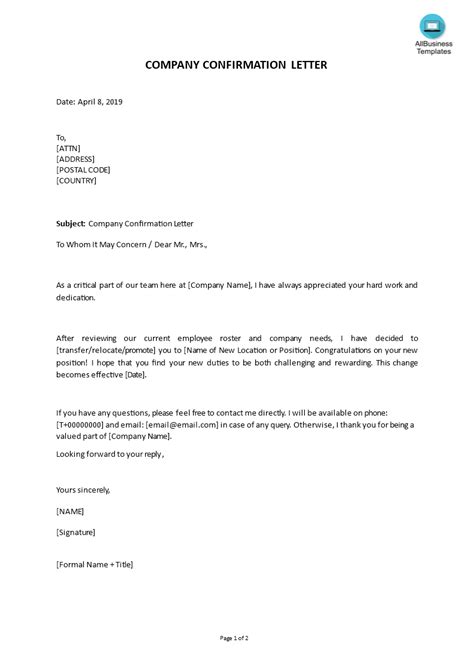 Company Confirmation Letter Form In Word Templates At