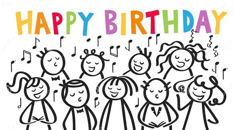 Choir Men And Women Singing Happy Birthday Black And White Stick Figures With Colorful Letters