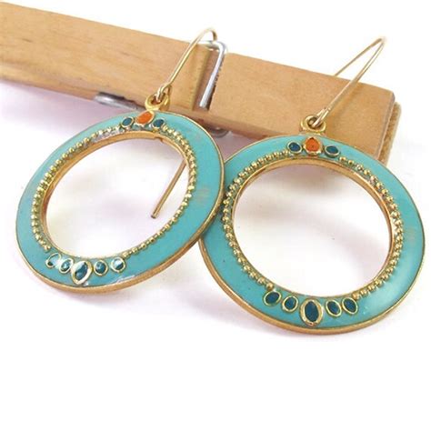 Gold Hoop Earrings Big Turquoise Aqua Circle Dangle Earrings