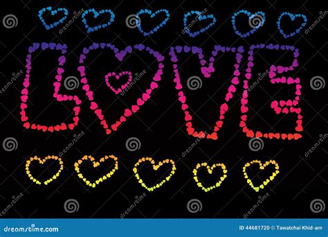 Word Love Made Of Heart Shapes Isolated On Black Background Stock