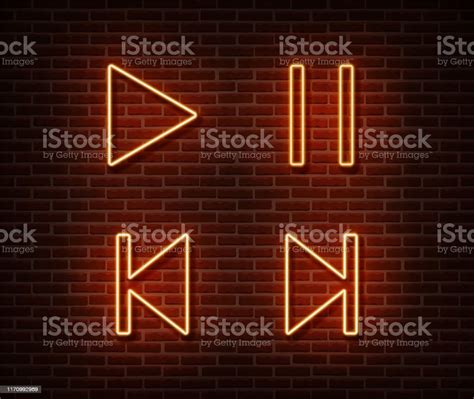 Neon Player Button Signs Vector Isolated On Brick Wall Play Pause Next Previous Track Light Symb