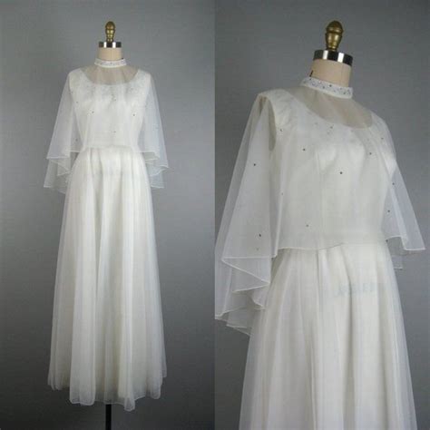 Vintage 1970s White Chiffon Gown 70s Dress With Rhinestone Neckline And