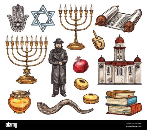 Judaism Religion Symbols Jewish Religious Sketch Icons Vector Hamsa