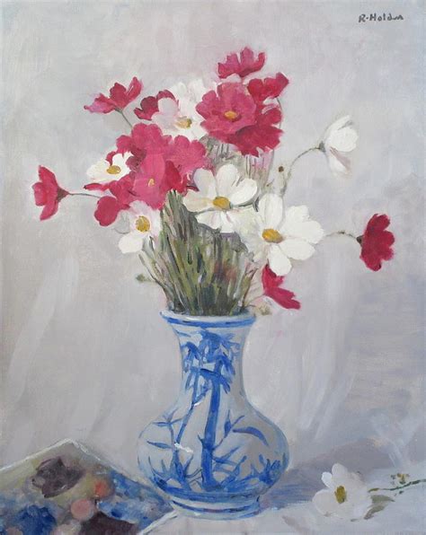 Since the life of a flower is very short, they can live forever in flower paintings. Cosmos Bouquet In Bamboo Vase Painting by Robert Holden