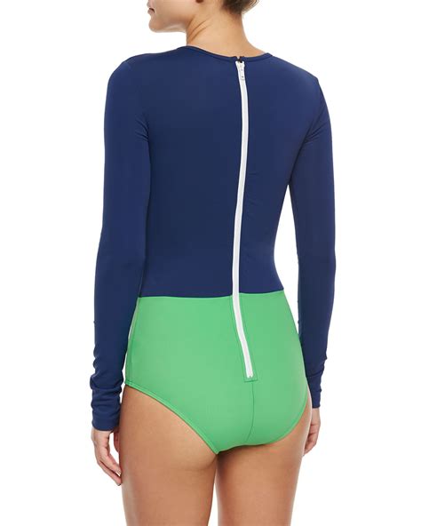 Cover Green Upf 50 Colorblock Long Sleeve One Piece Swimsuit Lyst
