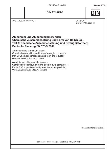 Chemical composition and form of products; DIN EN 573-3 Aluminium und Aluminiumlegierungen ...