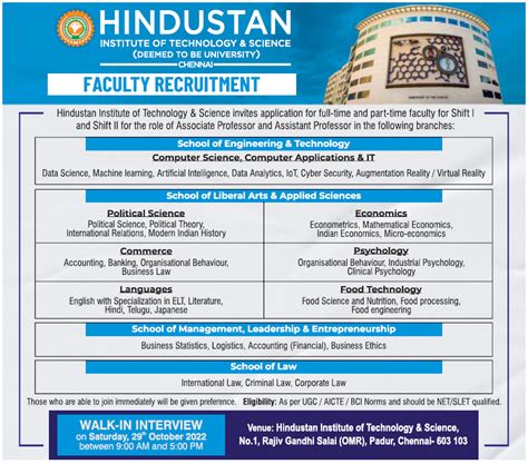 faculty recruitment at hindustan institute of technology and science chennai facultyplus