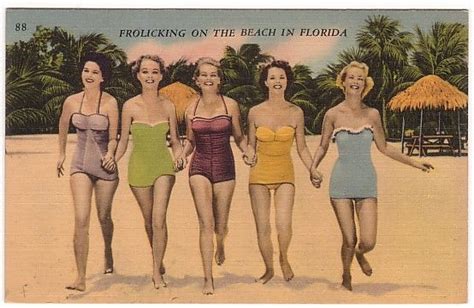 1950s Post Card ~ Bathing Beauties ~ Frolicking On The Beach In Old Florida Vintage