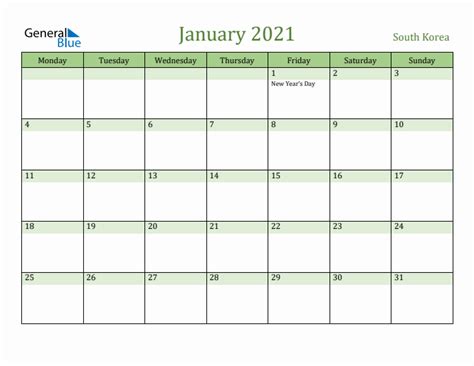 January 2021 South Korea Monthly Calendar With Holidays