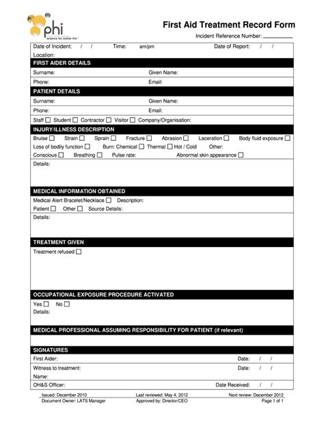 Free Printable First Aid Treatment Form Free Printable Templates