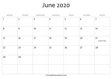 June 2020 Editable Calendar With Holidays