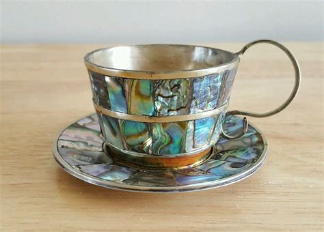 Rare Vintage Beautiful Brassmother Of Pearl Tea Cup And Saucer For Decoration Pearl Tea Tea