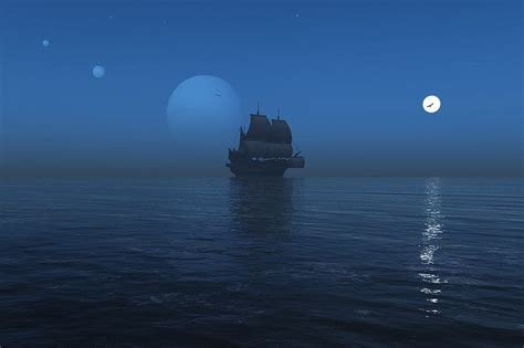 Alone Moon Water Boat Ship Ocean Sea Blue Hd Wallpaper Peakpx