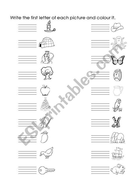 Kids are sure to have fun looking at the pictures and finding the missing letters on this alphabet worksheet. recognize the picture and write first letter of each ...