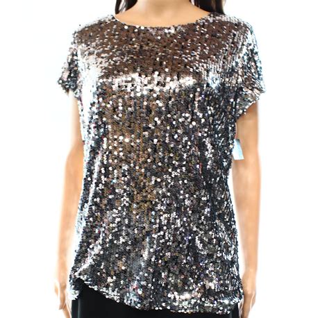 INC INC Womens Silver Sequined Short Sleeve Jewel Neck T Shirt Party Top Size L Walmart Com