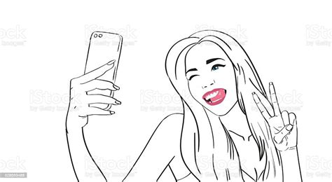 Dibujo Chica Tomar Selfie Foto En Célula Teléfono Inteligente