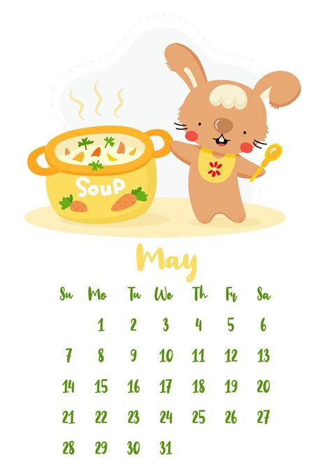Vertical Vector Calendar For May 2023 With Cute Cartoon Rabbit Cooking