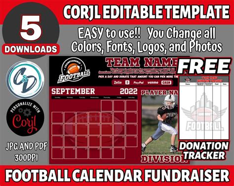 Editable And Printable Football Calendar Fundraiser Football Etsy