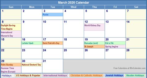 Download Printable March 2026 Calendars