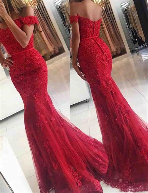 Chic Mermaid Off The Shoulder Women Red Lace Promevening Dresses With
